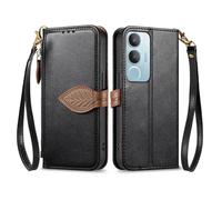 COQUE Funda Tipo Cartera para iPhone 17 con Tarjetero, Bolsillo con Cremallera y Hebilla de Hoja, Correa para la muñeca, Funda de Piel sintética con Tapa para iPhone 17-Negro