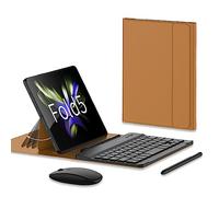 COQUE Kit de Accesorios de Oficina móvil para Samsung Galaxy Z Fold 5,Teclado del teléfono/ratón Bluetooth/lápiz táctil+Ranuras para bolígrafos/Funda Plegable Kit de Oficina-Marrón