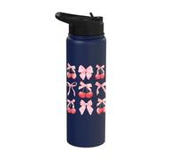 Coquette Aesthetic Pink Bow and Red Cherries Girls Kids Stainless Steel Insulated Water Bottle