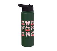 Coquette Aesthetic Pink Bow and Red Cherries Girls Kids Stainless Steel Insulated Water Bottle