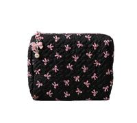 Coquette - Bolsa de maquillaje con lazo para mujer, bonito organizador de cosméticos de mano Y2K acolchado, bolsa de almacenamiento para artículos de tocador, Negro -, L, Lindo