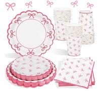 Coquette Bow - Juego de platos de papel para decoración de fiestas, 100 unidades, platos de fiesta de cumpleaños con lazo rosa, tazas y servilletas para niñas y mujeres, despedida de soltera, 25