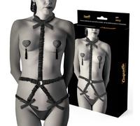 Coquette Chic Desire - Conjunto de lencería arnés elástico con pezoneras a juego, negro