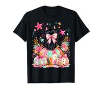 Coquette Halloween Preppy Stripe Spooky Girls Black Cat Boo Camiseta gráfica económica