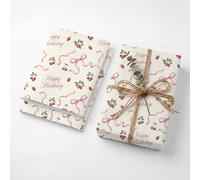 Coquette - Hojas plegadas de papel de regalo de cumpleaños con cinta rosa, 120 g/m² de grosor, papel kraft para mujeres, estampado de lazo de fresa dulce para niñas, paquete de dos unidades