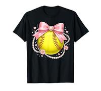 Coquette Softball Lindo Lazo Rosa Collar De Perlas Estética Camiseta