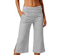 Coral Fold Over Pants Damen Capri Sommer Wide Leg 3/4 Hose Weites Bein Yoga Sport Fitness Outfit Loose Fit Uni Corals Pants mit Hohem Umschlagbund Yogahose Faltenhose Korallfarbene Faltenhose, gris