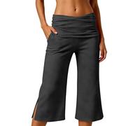 Coral Fold Over Pants Damen Capri Sommer Wide Leg 3/4 Hose Weites Bein Yoga Sport Fitness Outfit Loose Fit Uni Corals Pants mit Hohem Umschlagbund Yogahose Faltenhose Korallfarbene Faltenhose, gris