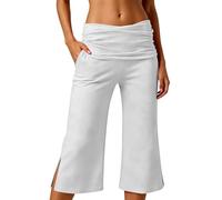Coral Fold Over Pants Damen Capri Sommer Wide Leg 3/4 Hose Weites Bein Yoga Sport Fitness Outfit Loose Fit Uni Corals Pants mit Hohem Umschlagbund Yogahose Faltenhose Korallfarbene Faltenhose, Blanco