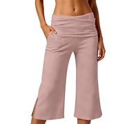 Coral Fold Over Pants Damen Capri Sommer Wide Leg 3/4 Hose Weites Bein Yoga Sport Fitness Outfit Loose Fit Uni Corals Pants mit Hohem Umschlagbund Yogahose Faltenhose Korallfarbene Faltenhose, Rosa