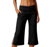 Coral Fold Over Pants Damen Capri Sommer Wide Leg 3/4 Hose Weites Bein Yoga Sport Fitness Outfit Loose Fit Uni Corals Pants mit Hohem Umschlagbund Yogahose Faltenhose Korallfarbene Faltenhose, Negro