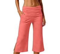 Coral Fold Over Pants Damen Capri Sommer Wide Leg 3/4 Hose Weites Bein Yoga Sport Fitness Outfit Loose Fit Uni Corals Pants mit Hohem Umschlagbund Yogahose Faltenhose Korallfarbene Faltenhose, A