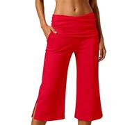 Coral Fold Over Pants Damen Capri Sommer Wide Leg 3/4 Hose Weites Bein Yoga Sport Fitness Outfit Loose Fit Uni Corals Pants mit Hohem Umschlagbund Yogahose Faltenhose Korallfarbene Faltenhose, rojo, L