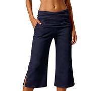 Coral Fold Over Pants Damen Capri Sommer Wide Leg 3/4 Hose Weites Bein Yoga Sport Fitness Outfit Loose Fit Uni Corals Pants mit Hohem Umschlagbund Yogahose Faltenhose Korallfarbene Faltenhose, marine