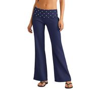 Coral Fold Over Yoga Pants Damen Weite Palazzo Hose mit Hohem Umschlagbund Lounge Hose mit Raffung Schlaghose Loose Fit Schwarz Faltenhose Yogahose für Gym, Pilates & Alltag, marine, M