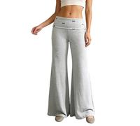 Coral Fold Over Yoga Pants Damen Weite Palazzo Hose mit Hohem Umschlagbund Lounge Hose mit Raffung Schlaghose Loose Fit Schwarz Faltenhose Yogahose für Gym, Pilates & Alltag, gris, M