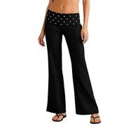 Coral Fold Over Yoga Pants Damen Weite Palazzo Hose mit Hohem Umschlagbund Lounge Hose mit Raffung Schlaghose Loose Fit Schwarz Faltenhose Yogahose für Gym, Pilates & Alltag, N negro., S