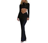 Coral Fold Over Yoga Pants Damen Weite Palazzo Hose mit Raffung Loose Fit Uni Corals Pants Coral Fold-Over-Yogahose Korallfarbene Faltenhose Wite Lounge Hose mit Hohem Umschlagbund, O negro., M