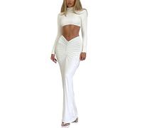 Coral Fold Over Yoga Pants Damen Weite Palazzo Hose mit Raffung Loose Fit Uni Corals Pants Coral Fold-Over-Yogahose Korallfarbene Faltenhose Wite Lounge Hose mit Hohem Umschlagbund, O blanco., S