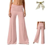 Coral Fold Over Yoga Pants for Women,Ruched Waist Solid Flare Sweatpants,Loose Wide Leg High Waist Palazzo for Sport Everyday (FR/ES, Letras, L, Regular, Regular, Pink)