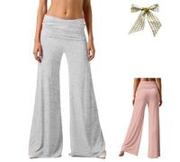 Coral Fold Over Yoga Pants for Women,Ruched Waist Solid Flare Sweatpants,Loose Wide Leg High Waist Palazzo for Sport Everyday (FR/ES, Letras, M, Regular, Regular, Light Gray)