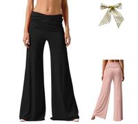 Coral Fold Over Yoga Pants for Women,Ruched Waist Solid Flare Sweatpants,Loose Wide Leg High Waist Palazzo for Sport Everyday (FR/ES, Letras, S, Regular, Regular, Black)