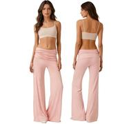 Coral Fold Over Yogahose Damen Weite Bein Yoga Pants mit Raffung Loose Fit Uni Palazzo Hose Korallfarbene Faltenhose Stretchy Jogginghose Sommer Frühling Freizeithose mit Hohem Umschlagbund Loungehose