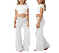 Coral Fold Over Yogahose Damen Weite Bein Yoga Pants mit Raffung Loose Fit Uni Palazzo Hose Korallfarbene Faltenhose Stretchy Jogginghose Sommer Frühling Freizeithose Hohem Umschlagbund Loungehose