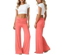 Coral Fold Over Yogahose Damen Weite Bein Yoga Pants mit Raffung Loose Fit Uni Palazzo Hose Korallfarbene Faltenhose Stretchy Sommer Frühling Freizeithose Hohem Umschlagbund Loungehose