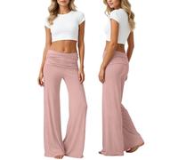 Coral Fold Over Yogahose Damen Weite Bein Yoga Pants mit Raffung Loose Fit Uni Palazzo Hose Korallfarbene Faltenhose Stretchy Jogginghose Sommer Frühling Freizeithose Hohem Umschlagbund Loungehose