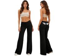 Coral Yoga Pants, Fold Over Yoga Pants Damen Weite Lounge Hose mit Raffung, Loose Fit Uni Corals Pants - Yogahose,Korallfarbene Faltenhose,Hohem Umschlagbund, #02-b-negro, L