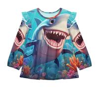 Corales De TiburóN Arte De Dibujos Animados Camisones para Mujer Pijamas de Manga Larga Camisón Suave para Estar en Casa Ropa de Dormir