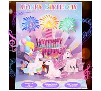 Coralogo Tarjetas de cumpleaños musicales de unicornio - Tarjetas de pastel de cumpleaños con vela soplable, edad de bricolaje, luces, música y nota en blanco, regalo de hadas para niñas, hija, nieta
