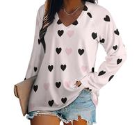 Corazón Amor Negro Sudaderas para Mujer, Ligeras, Informales, Holgadas, Básicas, De Manga Larga, Cuello En V, Otoño E Invierno, Elegante Sencillo Día A Día Y El Trabajo Rosa L
