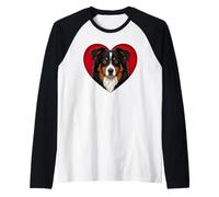Corazón de Pastor Australiano Tricolor Negro Camiseta Manga Raglan