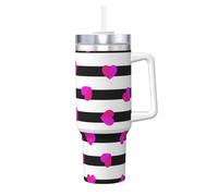 Corazón rosa sobre línea negra,Botella de agua de acero inoxidable con asa para bebidas frías y calientes de 40 oz.