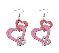 Corazones de amor Pendientes de madera de madera Red rosa rosa forma de corazón lindo gato de madera estampada doble aretes colgantes te amo aretes colgantes para mujeres mamá