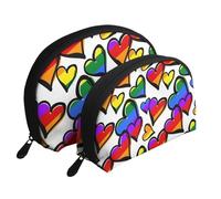 Corazones de Colores del Arco Iris Impresos., Bolsa de Maquillaje de Concha, Monedero pequeño para Mujer, Bolsa de artículos de tocador, Bolsa de cosméticos, 2 Piezas