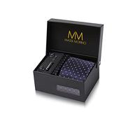 Corbata de diseñador de Massi Morino. Set con pañuelo, gemelos y pasador de corbata, cosida a mano, de seda sintética en varios colores, incluye caja de regalo, Dunkelblau - Gepunktet, unisex