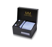 Corbata de diseñador de Massi Morino. Set con pañuelo, gemelos y pasador de corbata, cosida a mano, de seda sintética en varios colores, incluye caja de regalo, azul claro, unisex