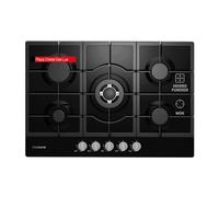 Corberó - Placa de Cristal a Gas 75cm | CPCGM5F5021N | 10,08 Kw | 5 Fuegos | Autoencendido, Parrilla Hierro Fundido | Desconexión Automática | Kit de conversión a gas natural | Negro, Vidrio