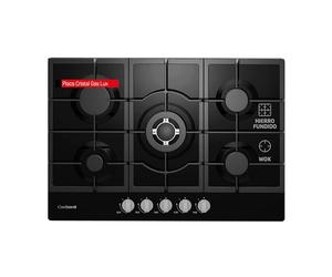 Corberó - Placa de Cristal a Gas 75cm | CPCGM5F5021N | 10,08 Kw | 5 Fuegos | Autoencendido, Parrilla Hierro Fundido | Desconexión Automática | Kit de conversión a gas natural | Negro, Vidrio
