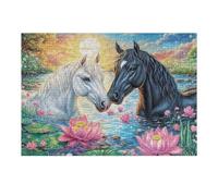 Corcel Blanco y Negro Puzzles 300 Piezas Maquetas Educativas 3D Meadow Lotus Ridge Rompecabezas para Familia Construir DIY Aliviar Estrés Decoración Hogar 300 PCS