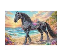 Corcel Negro en el Campo Puzzles 1000 Piezas DIY Creativo Personalizable Grass Bloom Sky Rompecabezas Familiar para Toda La Familia Juguete Educativo Aliviar Estrés Decorativo 1000 PCS