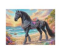 Corcel Negro en el Campo Puzzles 500 Piezas Actividad Familiar Grass Bloom Sky Rompecabezas 3D para Familia Juguete Educativo Aliviar Estrés Decoración Hogar 500 PCS