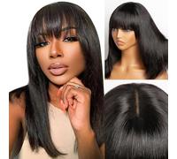 CORDELIA Peluca de cabello humano con flequillo, sin pegamento, lacio, con flequillo, 1 x 3, encaje transparente, color negro (10)