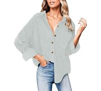 Cordjacke Mujeres Blusa Camiseta Cordón Brazo Largo Ligera Sobredimensionada Botón Abajo Blusas Casuales con Bolsillo