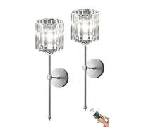 Cordless Crystal Glass Wall Sconce Operated Wall Lights Set of 2, Non Hardwired Remote Chrome Wall Sconces, USB Rechargeable Silver Wall Lamp for Living Room Bathroo