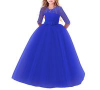 Cordón Boda Vestidos de Princesa Mangas Fiesta Niñas Largos Piano El Rendimiento Escolar Disfraces Vestidos para Niñas de 2 a 14 años Niña Azul Real 5-6 Años