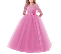 Cordón Boda Vestidos de Princesa Mangas Fiesta Niñas Largos Piano El Rendimiento Escolar Disfraces Vestidos para Niñas de 2 a 14 años Niña Rosa Coral 7-8 Años